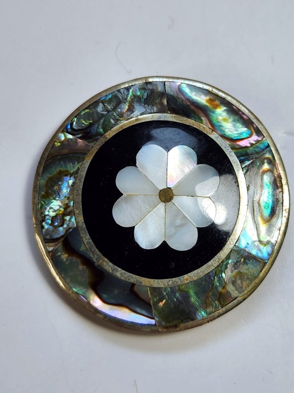 Vintage Alpaca Mexico Abalone Mother of Pearl Flower Brooch Pendant Inlay Pin